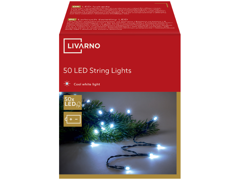 Livarno 50 LED string lights with cool white light and battery operation.