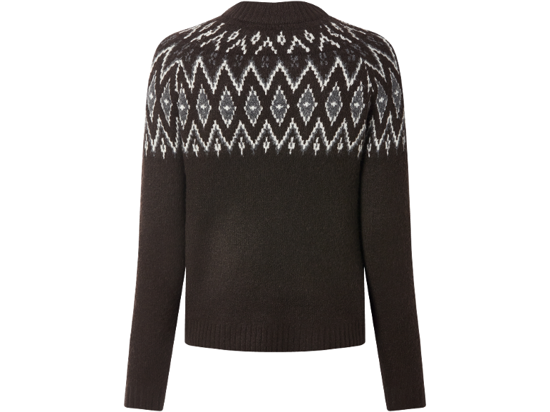 Brown jumper with white and grey Fair Isle pattern on the yoke.