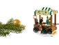 Christmas decoration with a fir branch, a golden bauble, and a Christmas tree sale cart.