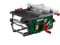 Green and black table saw with a saw blade and red controls.