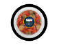 Caponata of aubergine and peppers in a round container, with a „Caponata di melanzane“ label.