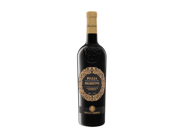 Black Primitivo red wine bottle from Puglia with a golden label and ornate details.