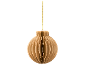 Brown paper Christmas decoration in a bauble shape, hanging from a golden thread.