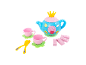 Children's tea set with a blue teapot with a crown, pink cups, and waffles.