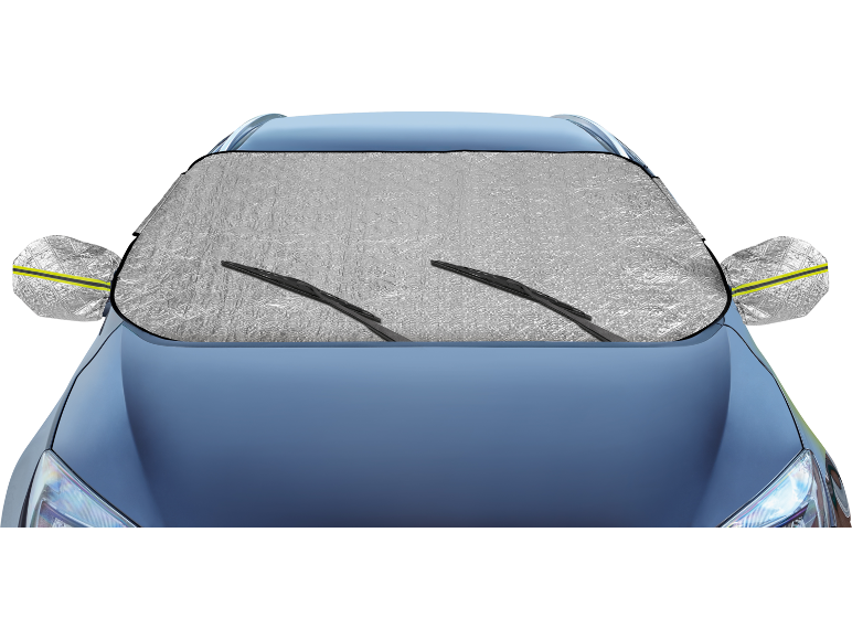 Silver windshield sunshade with side mirror covers on a blue car.