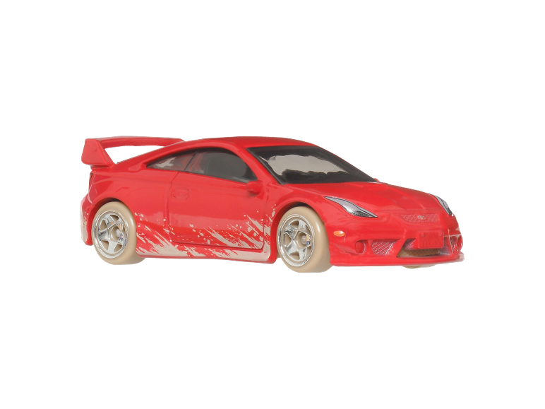 Red toy sports car with a spoiler and white paint splatters on the side.
