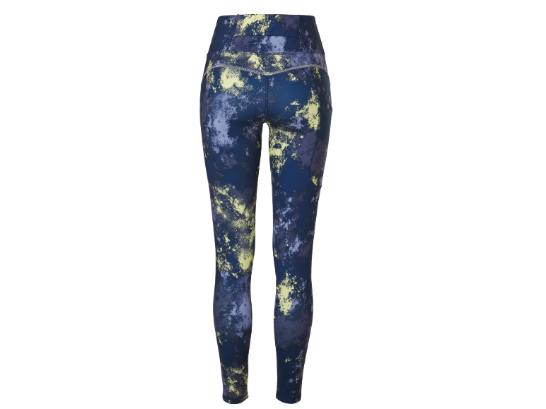 Women's high-waisted sports leggings in a blue and yellow camouflage pattern.