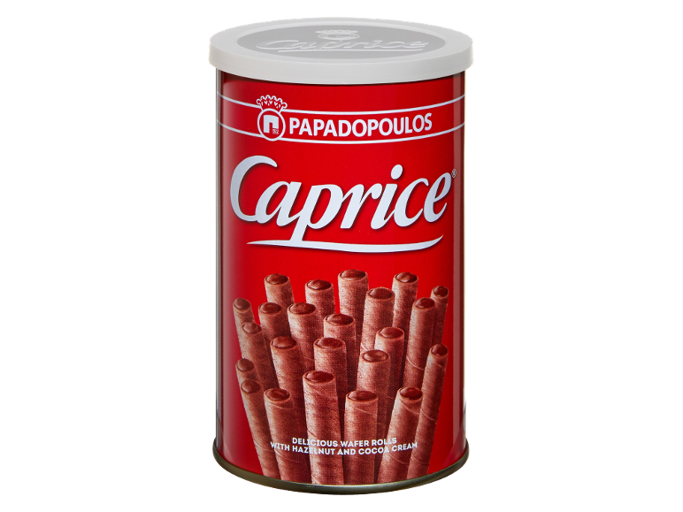 Red tin with wafer rolls filled with hazelnut and cocoa cream.