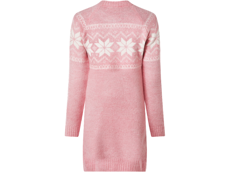 Pink sweater with white snowflake pattern, back view.