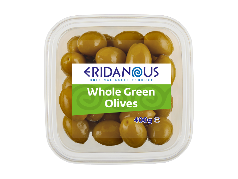 Transparent plastic container with whole green olives, with a label indicating 'Whole Green Olives 400g e'.