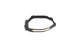 Black headlamp with yellow LED light on.