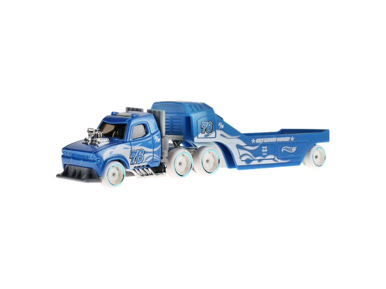 Blue toy truck with trailer, featuring '76' and flame decals, on a white background.
