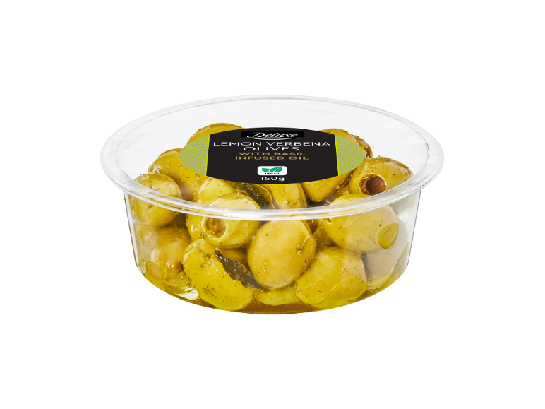 Deluxe lemon verbena olives with basil infused oil, 150g