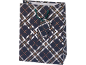 Blue plaid gift bag with green handles and tag.