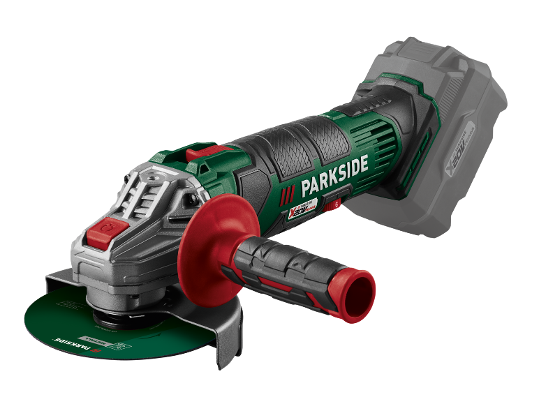Cordless angle grinder with a metal cutting disc and a side handle.
