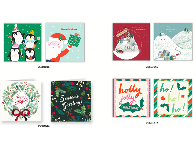 Assorted Christmas cards with festive designs and holiday greetings