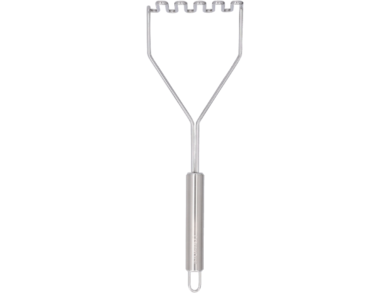 Stainless steel potato masher with a cylindrical handle and a wavy head.