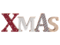 Wooden 'XMAS' letters with festive patterns, including polka dots and stripes.