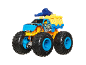 Blue and yellow toy monster truck with 'CRUSH DELIVERY' text and a blue trash bin.