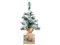 Flocked mini Christmas tree in a burlap sack, with ornaments in a clear box.