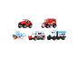 Six toy vehicles, including a red jeep, fire truck, police SUV, and a blue submarine.