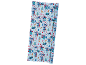 Light blue wrapping paper with Christmas motifs and cartoon characters.