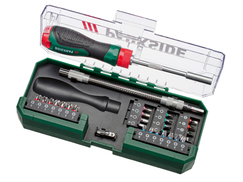 Screwdriver set with various bits, flexible extension, and two handles in a clear case.