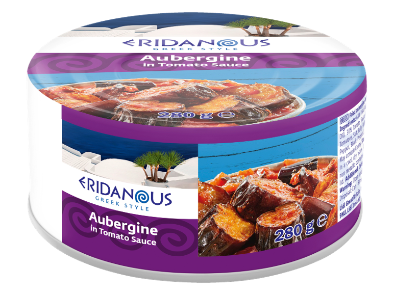 Greek style aubergine in tomato sauce, 280g, with ingredients and warnings.
