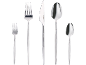 Stainless steel cutlery set, including a small fork, a large fork, a knife, a spoon, and a small spoon.