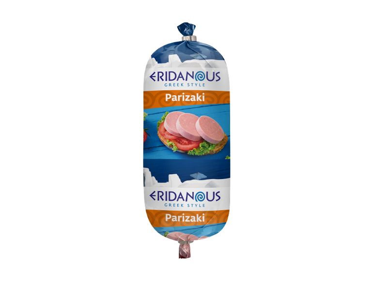 Greek style Parizaki sausage packaging, featuring a sliced sausage sandwich.