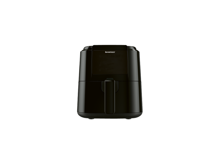 Black air fryer with a digital display and handle on a black background.
