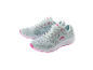 A pair of light blue running shoes with pink accents.