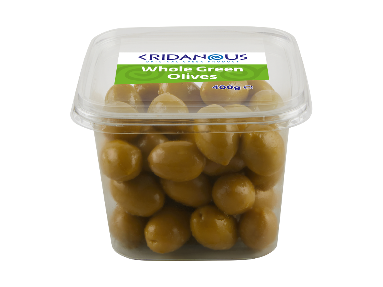 400g pack of whole green olives with a green label