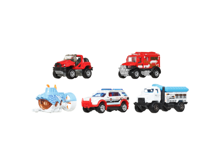 Six toy vehicles, including a red jeep, fire truck, police SUV, and a blue submarine.