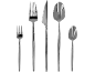Black cutlery set featuring a dinner fork, knife, soup spoon, and small fork.
