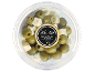 Manzanilla olives with Gouda cheese in a clear round container, 150g