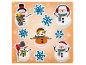 Christmas stickers featuring snowmen and snowflakes on an orange background.