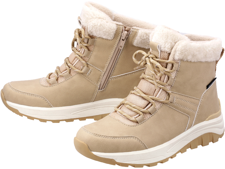 Beige winter boots with faux fur lining and laces.