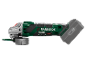 Cordless angle grinder with a disc and battery.