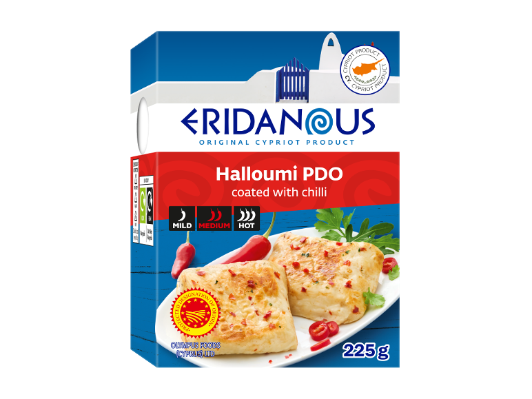 Halloumi PDO coated with chilli packaging, with mild, medium, and hot indicators, 225g.