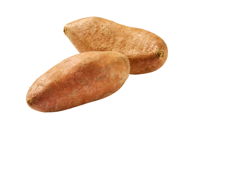 Two sweet potatoes with light brown skin on a black background
