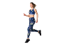 Woman in a sports bra and printed leggings, running.