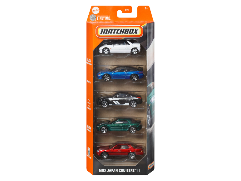 Matchbox 5-pack of Japanese cars, including a white sports car and a red sedan.