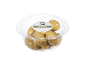 Halkidiki olives from Greece with tomato filling and pit in a clear container.