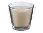 Beige scented candle in a glass votive.