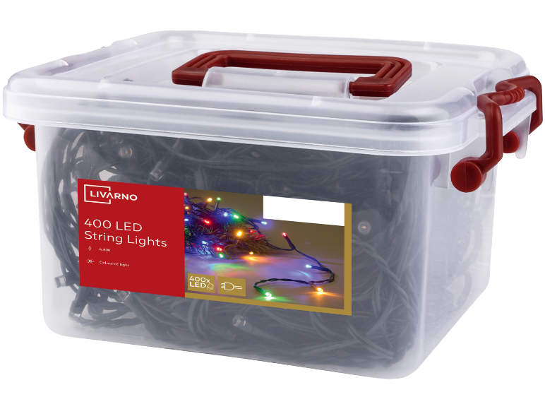 Livarno 400 LED string lights with coloured light in a transparent storage box.