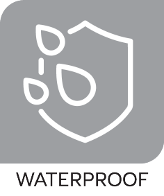 Shield icon with water droplets and the text « WATERPROOF ».