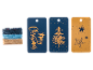 Blue and yellow Christmas gift tags with festive designs and a roll of twine.