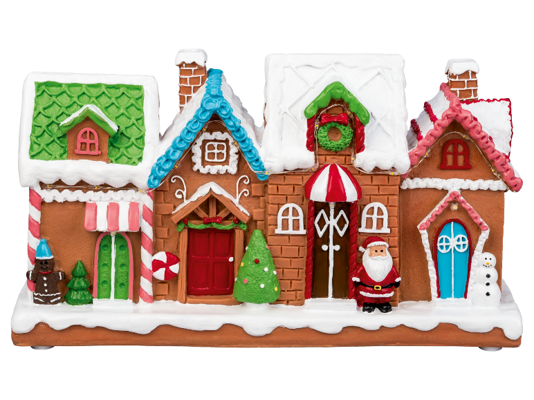 Christmas gingerbread house with lights, Santa Claus, and snowman.