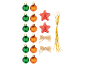 Set of Christmas tree decorations with green and orange baubles, red stars and bows